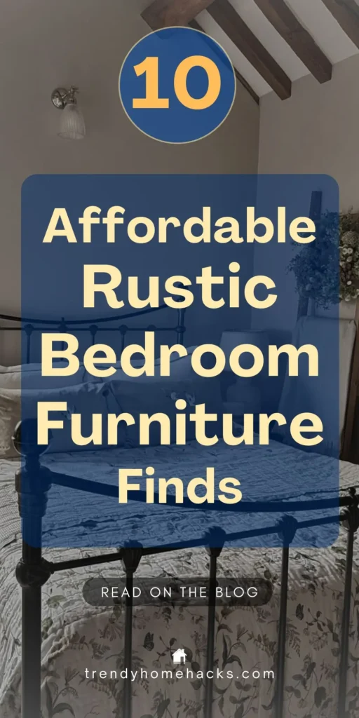 Rustic bedroom with exposed wood ceiling beams, a black metal bed frame, and floral bedding. Text overlay reads “10 Affordable Rustic Bedroom Furniture Finds.”