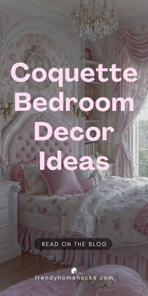 Image with overlay text that reads “Coquette Bedroom Decor Ideas.” The background shows a romantic, vintage-inspired bedroom with a pink tufted headboard, floral bedding, chandelier, and soft pastel decor, reflecting the coquette aesthetic.