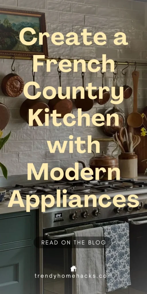 French Country kitchen with copper pans, vintage artwork, and a modern stainless steel range. Text reads: “Create a French Country Kitchen with Modern Appliances.” Perfect inspiration for blending rustic charm with modern functionality.