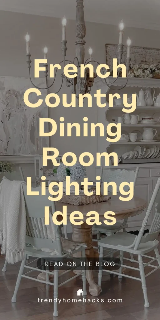 French country dining room featuring a rustic wood chandelier with candle-style bulbs, light-colored spindle-back chairs, a round wooden table, and a white hutch displaying vintage dishware. Text overlay reads “French Country Dining Room Lighting Ideas.”