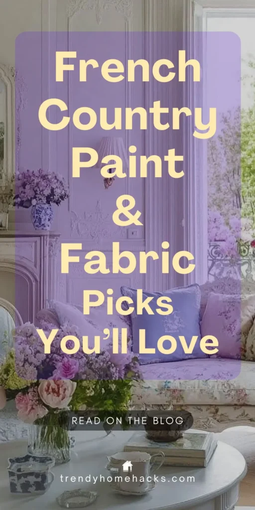 Elegant French country living room with floral upholstery, pastel-colored paint, and fresh flowers in vintage vases. Text overlay reads “French Country Paint & Fabric Picks You’ll Love.”
