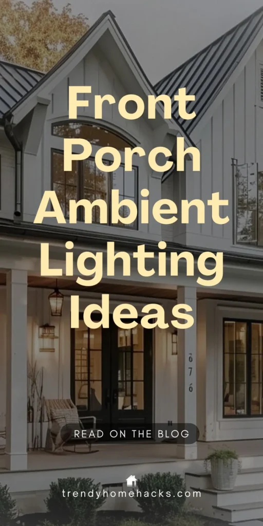 Pinterest pin showcasing a modern farmhouse front porch with warm ambient lighting, including wall sconces and a pendant lantern, styled with a rocking chair and fall decor. Text overlay reads: “Front Porch Ambient Lighting Ideas.”