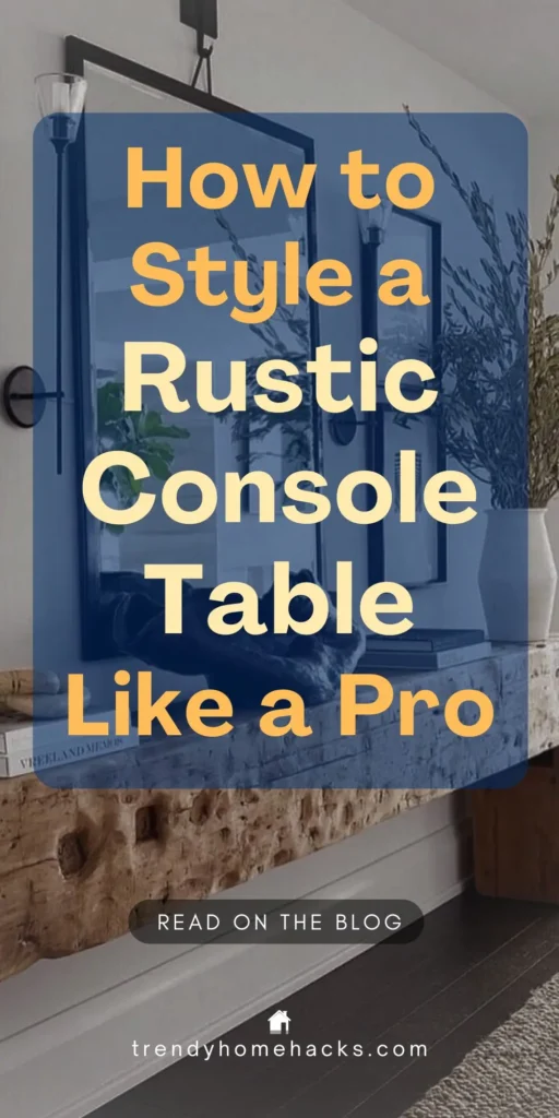 Rustic console table styled in a hallway with natural wood texture, layered mirrors, greenery, and decorative accents. Text overlay reads “How to Style a Rustic Console Table Like a Pro.”