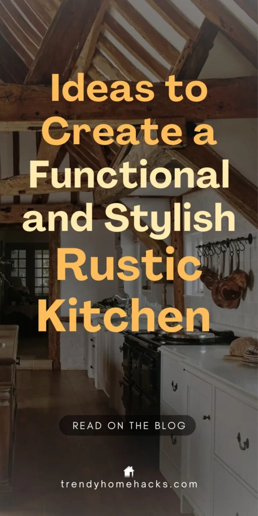 Overlay text “Ideas to Create a Functional and Stylish Rustic Kitchen” on a cozy rustic kitchen featuring exposed wooden beams, white cabinetry, a farmhouse-style range, hanging copper pots, and a warm wood floor.