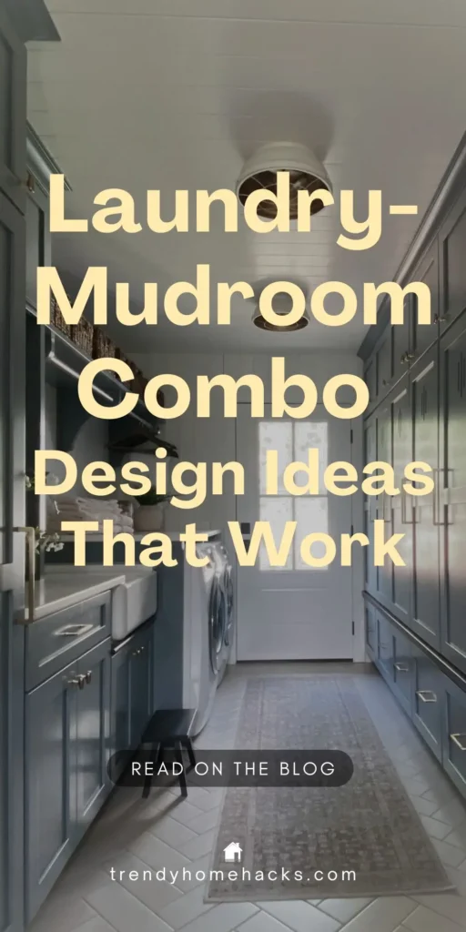 Overlay text “Laundry-Mudroom Combo Design Ideas That Work” on a narrow, modern laundry-mudroom with sleek blue cabinetry, a farmhouse sink, front-load washer and dryer, and a runner rug along a herringbone tile floor.