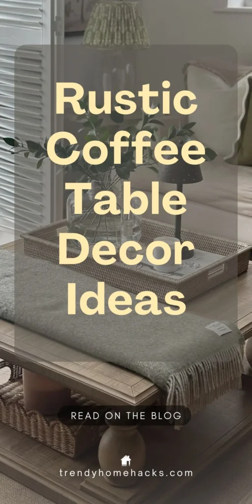 Rustic coffee table styled with a woven tray, small lamp, coffee mug, and greenery in a glass vase, with a cozy throw draped over the table and text overlay that reads “Rustic Coffee Table Decor Ideas.”