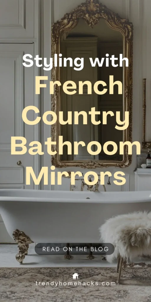Elegant bathroom with a vintage gold-framed mirror, clawfoot tub, and neutral decor—perfect inspiration for your next french bathroom decor update - Pinterest pin featuring French country bathroom mirror styling tips.