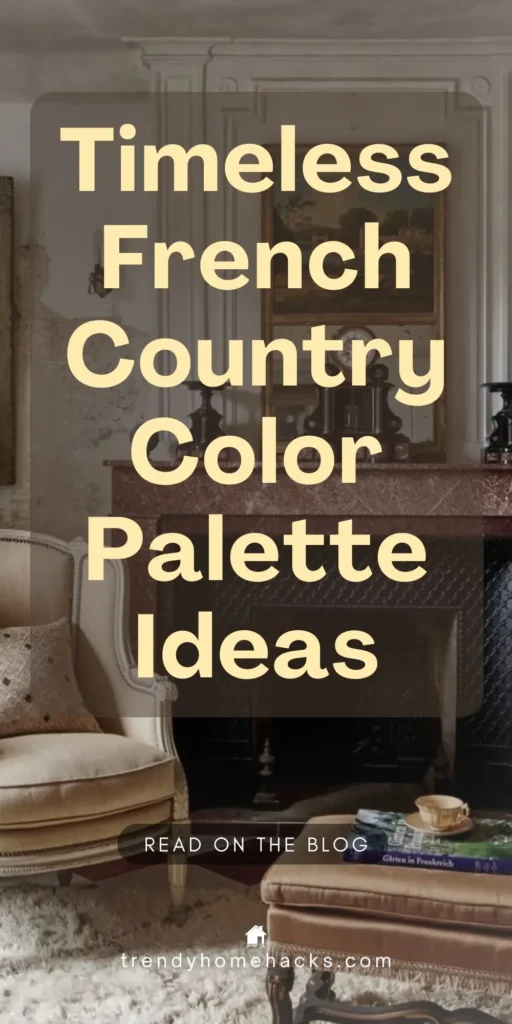 Elegant French country living room with a tufted armchair, ornate fireplace, and vintage decor. Overlaid text reads “Timeless French Country Color Palette Ideas.”