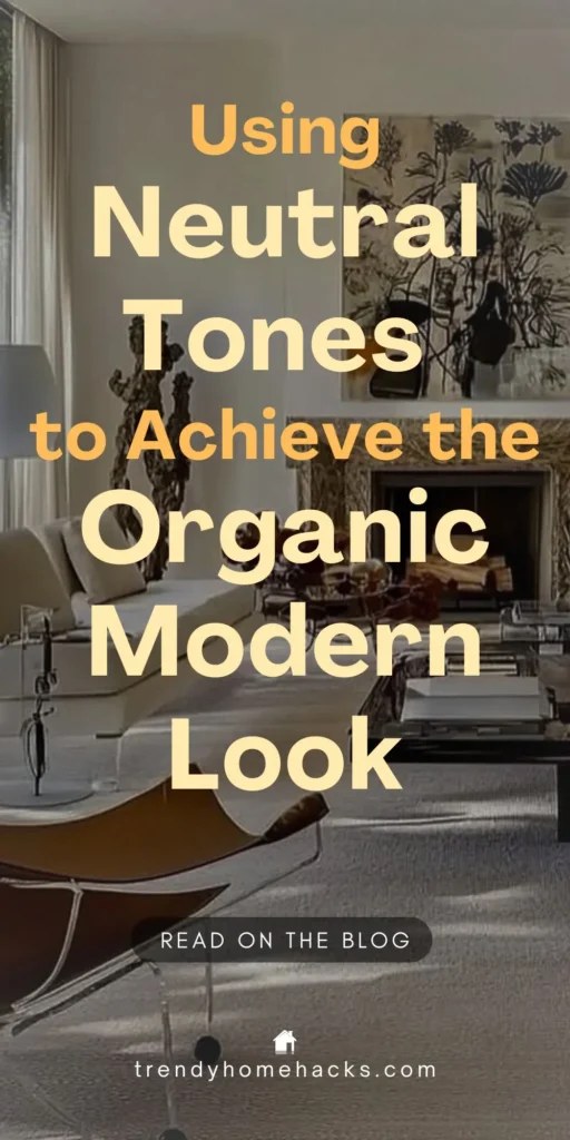 Overlay text “Using Neutral Tones to Achieve the Organic Modern Look” on a sophisticated living room featuring cream and taupe furniture, a sculptural leather lounge chair, abstract wall art, and natural textures for a warm, minimal, and organic modern aesthetic.