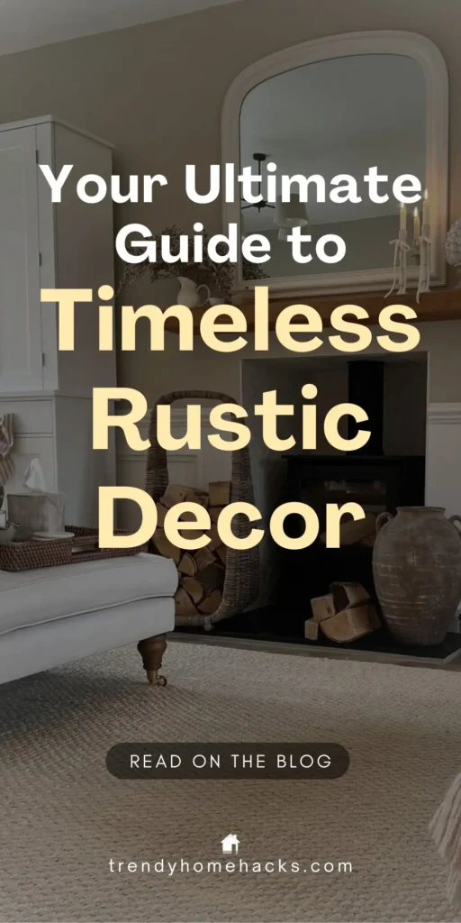 A Pinterest pin showcasing a living room with rustic decor, neutral tones, woven baskets, firewood, a mirror on the mantel, and text promoting a guide to timeless rustic decor.
