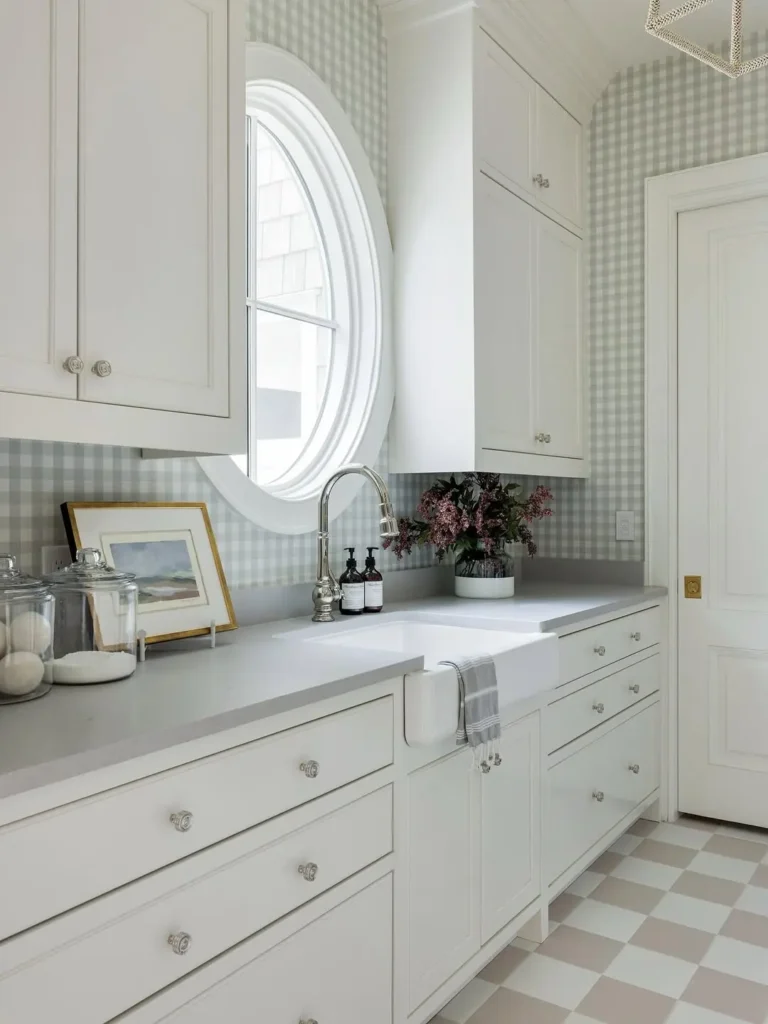White kitchen with checkered floor, white apron sink, round window, upper and lower cabinets, glass jars, framed art, and a vase with flowers on the countertop evoke a bright, coastal-inspired laundry room feel.
