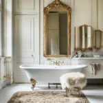 Elegant bathroom with a clawfoot tub, french country mirrors in ornate gold frames, a fluffy stool, and a patterned rug on a marble floor.