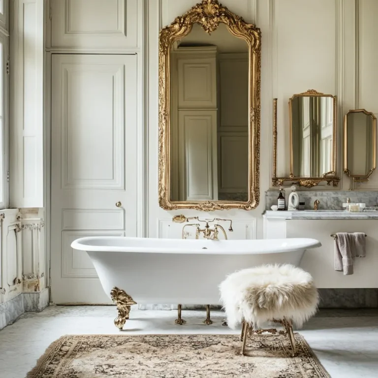 Elegant bathroom with a clawfoot tub, french country mirrors in ornate gold frames, a fluffy stool, and a patterned rug on a marble floor.