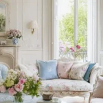 A light-filled living room with floral-patterned furniture, pastel cushions, fresh flower arrangements, and large windows opening to greenery outside—showcasing charming French country color and fabric picks.