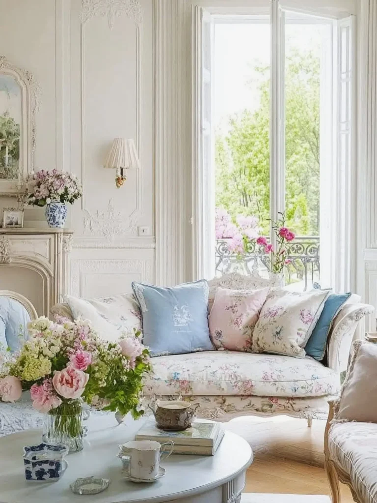 A light-filled living room with floral-patterned furniture, pastel cushions, fresh flower arrangements, and large windows opening to greenery outside—showcasing charming French country color and fabric picks.