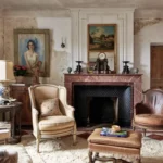 A vintage living room with antique armchairs, a marble fireplace, framed paintings, a statue, books on an ottoman, and textured walls in a french country color palette.