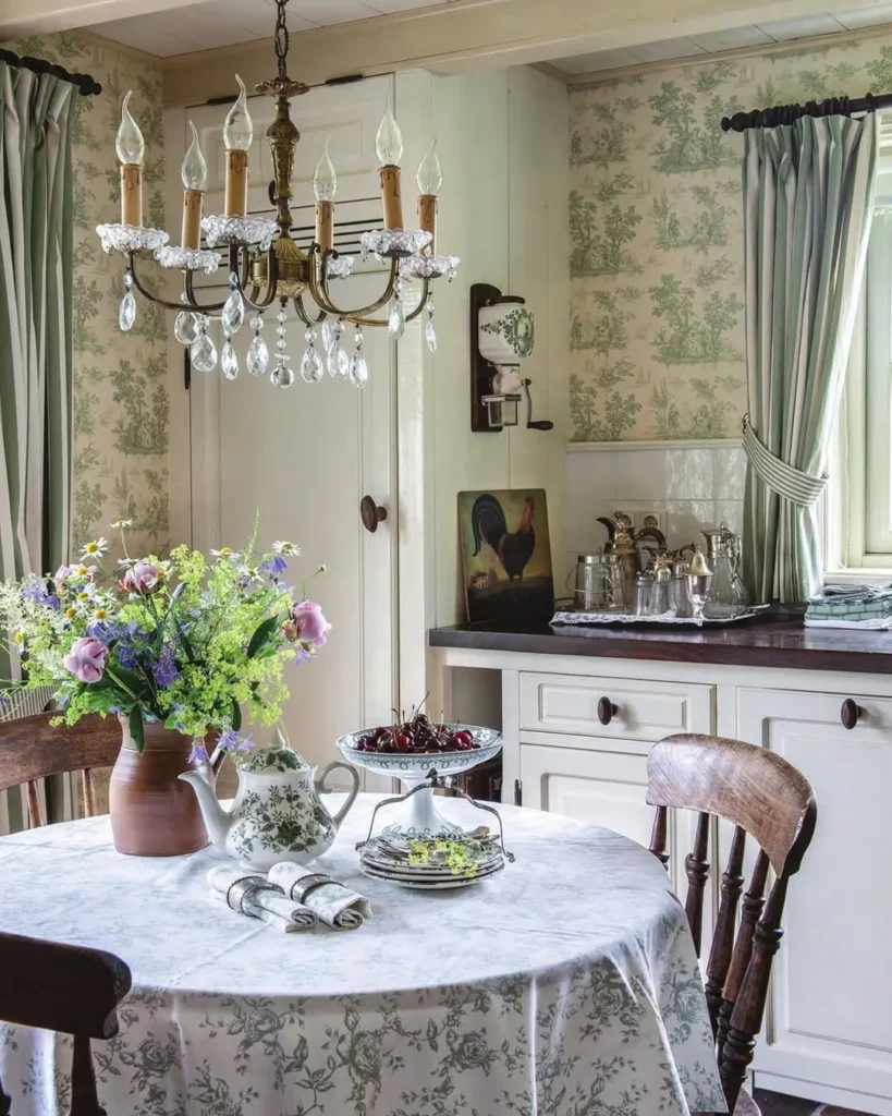 A vintage-style kitchen with floral wallpaper, a round table, flowers in a vase, wooden chairs, a chandelier, and kitchenware on dark countertops showcasing how to marry french country paint and fabric for a warm decor.
