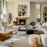 A living room with neutral organic modern tones, showcasing a marble fireplace, abstract art, contemporary furniture, large windows, and various decorative objects.