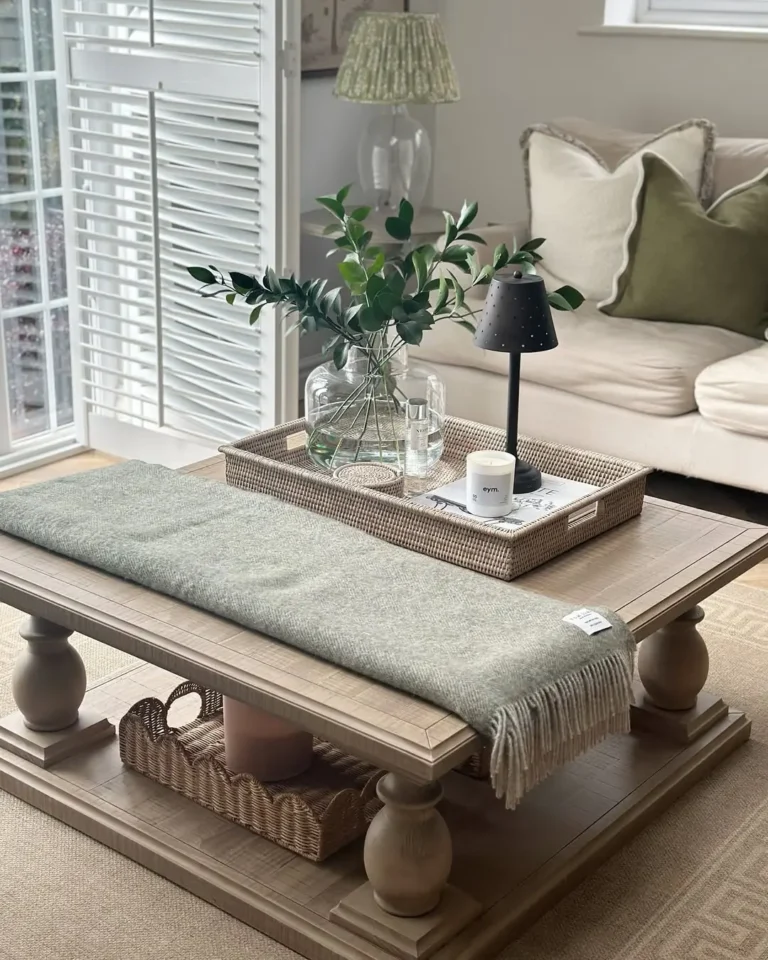A rustic coffee table decor features a wooden table with a green throw, woven trays, a glass vase with greenery, a candle, and a lamp, set in a neutral-toned living room with a sofa and large window shutters.