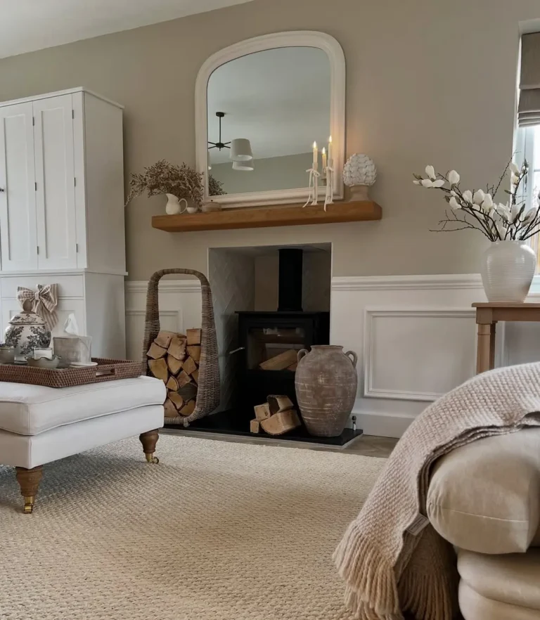 A rustic living room in neutral-tone with a wood-burning stove, stacked firewood, a large mirror above the mantel, and cozy decor including a rug, vases, and candles.