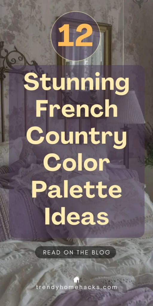 Vintage-style French country bedroom with floral wallpaper, an ornate metal bed frame, and layered bedding in lavender and cream tones. Text overlay reads “12 Stunning French Country Color Palette Ideas.”