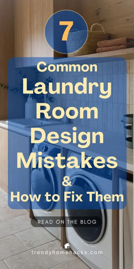 Modern laundry room with front-load washer and dryer, wood cabinetry, tile backsplash, and open shelving with baskets and folded towels. Text overlay reads “7 Common Laundry Room Design Mistakes & How to Fix Them.”