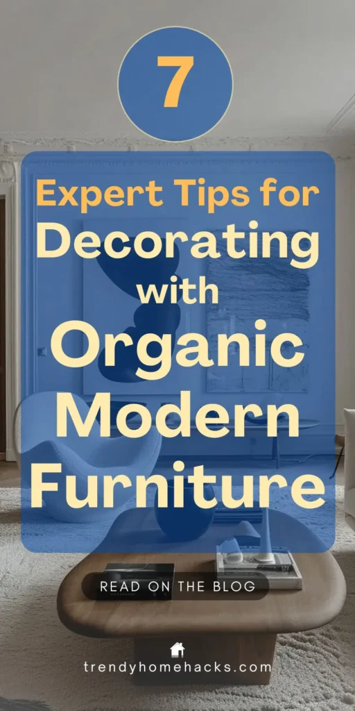A modern living room with organic modern furniture, including a curved cream armchair, a wood coffee table with books, and abstract wall art. Overlay text reads: “7 Expert Tips for Decorating with Organic Modern Furniture.”