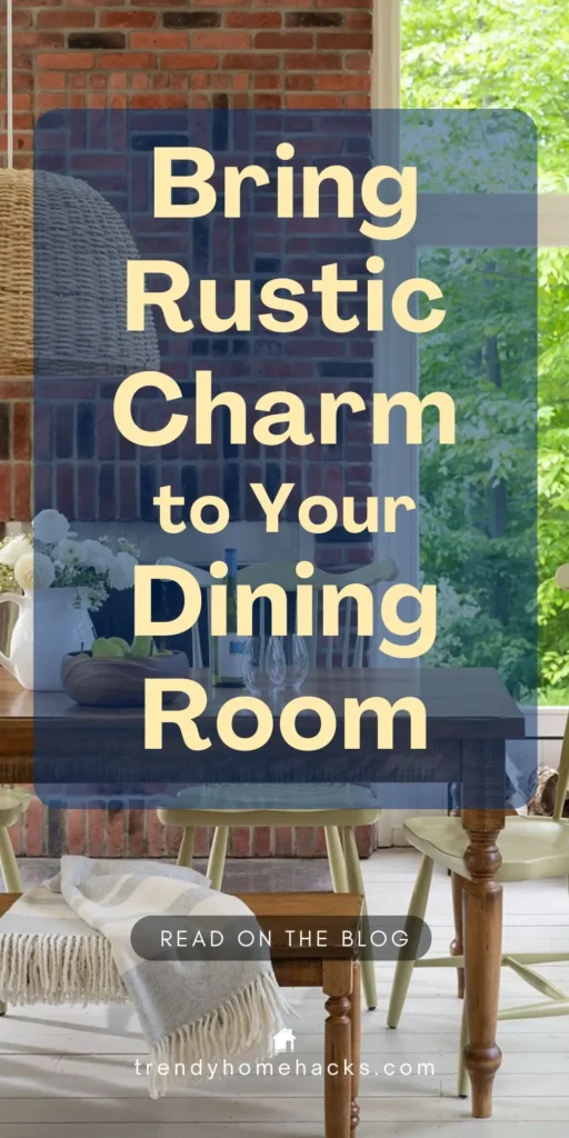 Rustic dining room with a wooden table, mixed seating, a brick accent wall, and cozy touches like a striped throw and woven pendant light. Text overlay reads “Bring Rustic Charm to Your Dining Room.”