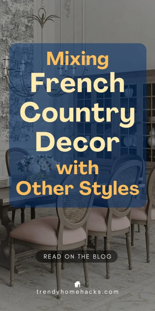 Elegant dining room with French country decor featuring carved wood chairs with blush cushions, a dark wood table, and a vintage-inspired chandelier. Text overlay reads “Mixing French Country Decor with Other Styles.”
