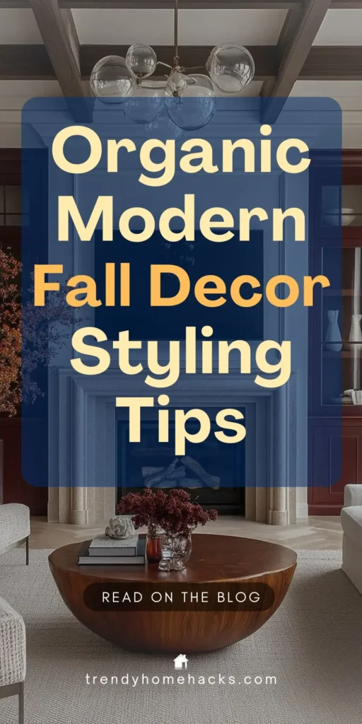 Sophisticated living room styled in organic modern decor with a round wood coffee table, neutral rug, fall floral arrangement, and a fireplace with built-in shelving. Text overlay reads “Organic Modern Fall Decor Styling Tips.”