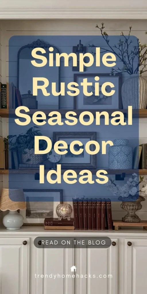 Rustic-styled shelving and white cabinet with seasonal decor elements including vintage books, ceramic vases, framed art, a small table lamp, and fresh greenery. Text overlay reads “Simple Rustic Seasonal Decor Ideas.”