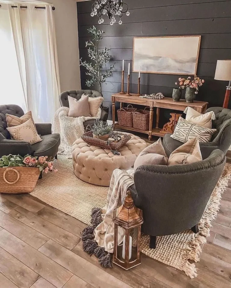A cozy farmhouse fall living room decor with gray armchairs, a round tufted ottoman, woven rug, and wood accents, featuring decorative pillows, plants, and a sideboard against a dark paneled wall.