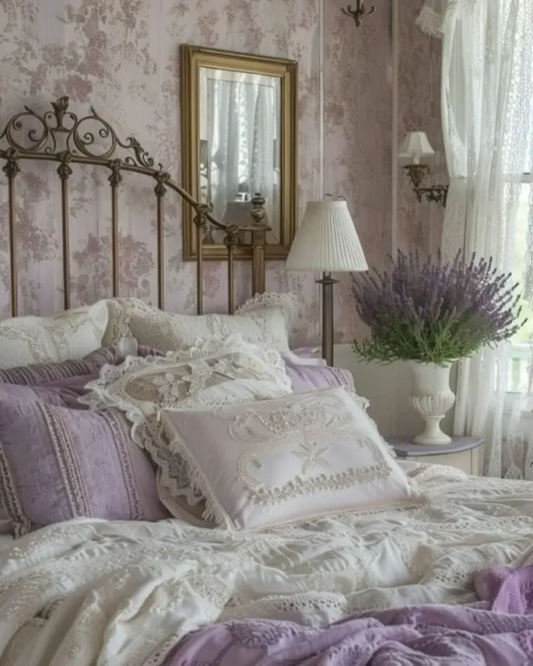 A vintage-style bedroom with a brass headboard, floral wallpaper, lace-trimmed pillows and bedding in lavender and white, a vase of lavender, and a mirror above a nightstand evokes classic french country color palettes.