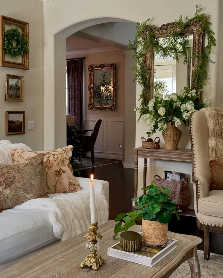 Elegant living room with a sofa, decorative pillows, lit candle, potted plant on a wooden table, large ornate mirror, and floral arrangements—carefully styled to avoid common French country decorating mistakes in a classic, cozy setting.