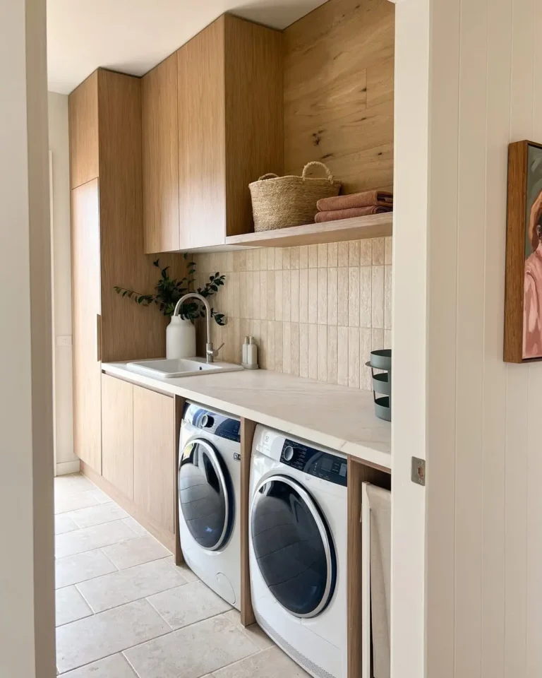 Modern laundry room with wood cabinets, a countertop, a sink, two front-loading machines, beige tiled backsplash, and shelves holding baskets and towels—thoughtfully arranged to avoid common laundry room design mistakes.