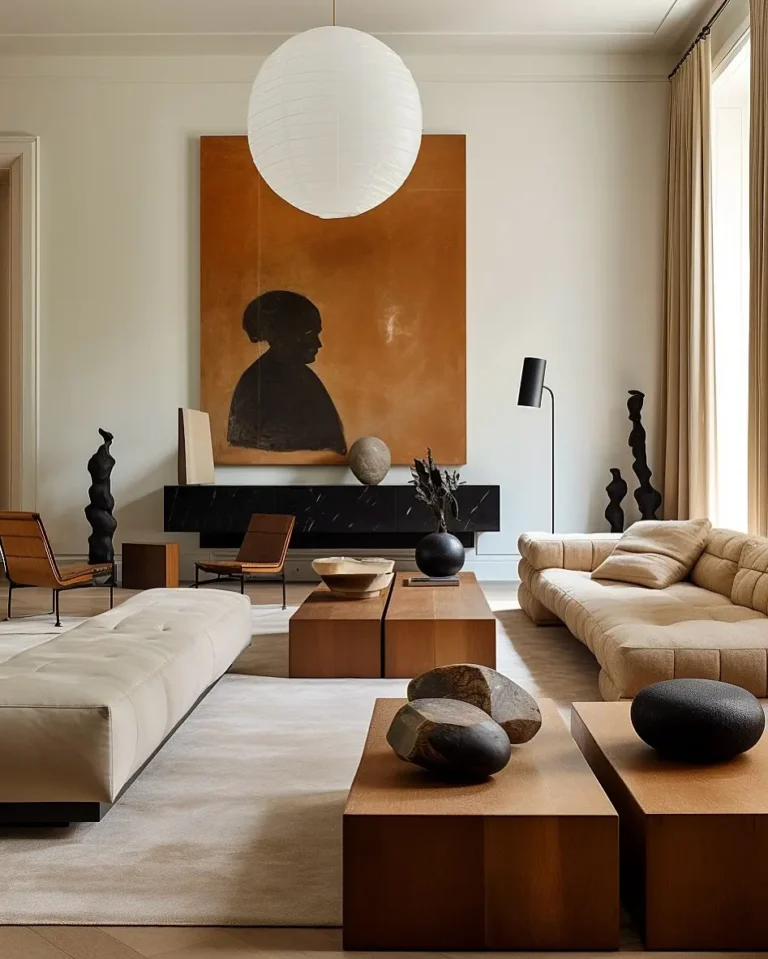 Modern living room with neutral tones, minimalist furniture, sculptural decor, large artwork featuring a profile silhouette, and a round paper pendant light—a perfect example of style from a minimalist home decor guide.