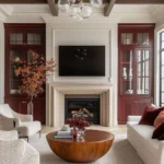 A modern living room with a fireplace, wall-mounted TV, red built-in shelves, neutral sofas, a round wooden coffee table, and organic modern fall decor like decorative vases and plants.