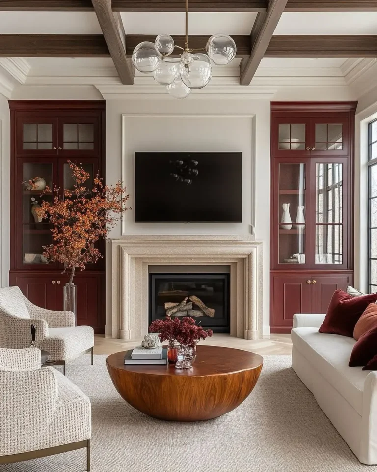 A modern living room with a fireplace, wall-mounted TV, red built-in shelves, neutral sofas, a round wooden coffee table, and organic modern fall decor like decorative vases and plants.