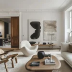Decorating with organic modern furniture in a bright living room featuring a sculptural white chair, curved wood coffee table, and layered natural textures.