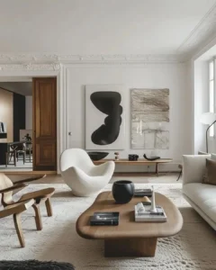 Decorating with organic modern furniture in a bright living room featuring a sculptural white chair, curved wood coffee table, and layered natural textures.
