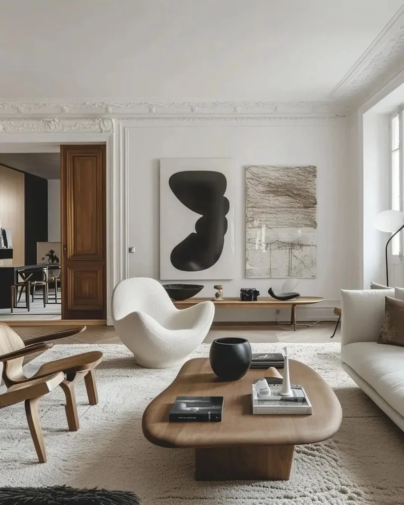 Decorating with organic modern furniture in a bright living room featuring a sculptural white chair, curved wood coffee table, and layered natural textures.