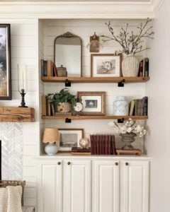 Built-in shelves with books, framed artwork, and rustic seasonal decor ideas like vases with flowers and decorative objects arranged above white cabinets in a living room.