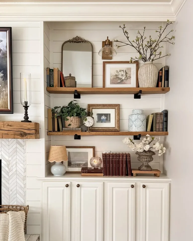 Built-in shelves with books, framed artwork, and rustic seasonal decor ideas like vases with flowers and decorative objects arranged above white cabinets in a living room.