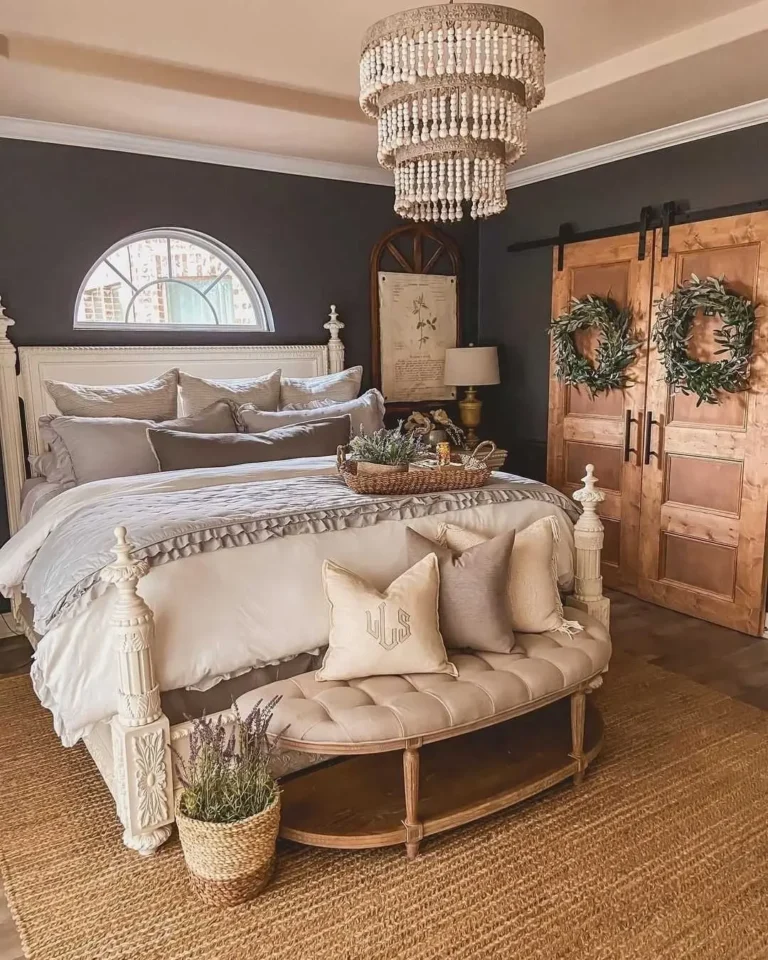 A cozy farmhouse fall bedroom with a large bed, neutral bedding, a tufted bench, wooden sliding doors adorned with wreaths, a jute rug, and a sparkling crystal chandelier.