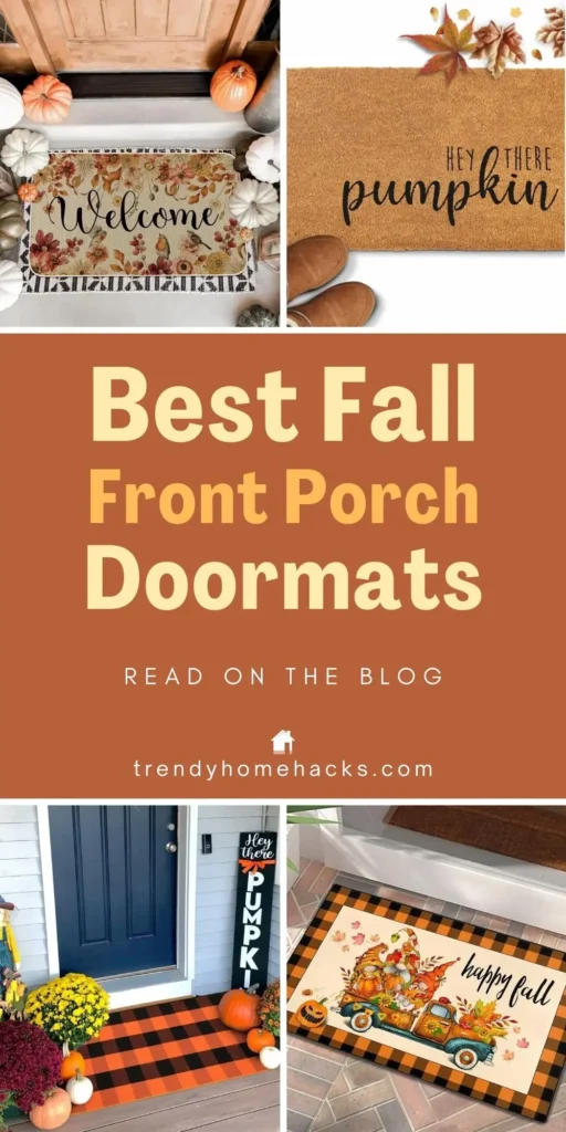 Collage of fall-themed front porch doormats featuring autumn designs like pumpkins, leaves, gnomes, and seasonal greetings such as "Welcome," "Hey There Pumpkin," and "Happy Fall," styled with layered rugs and fall decor like mums and gourds.