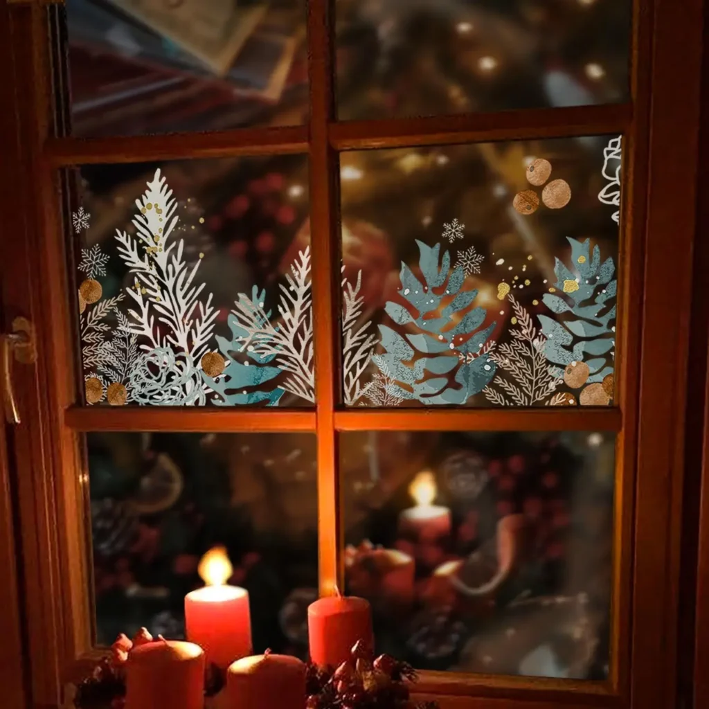 A wooden window with festive Christmas window decals, three red candles, and blurred holiday lights and decorations visible through the glass.