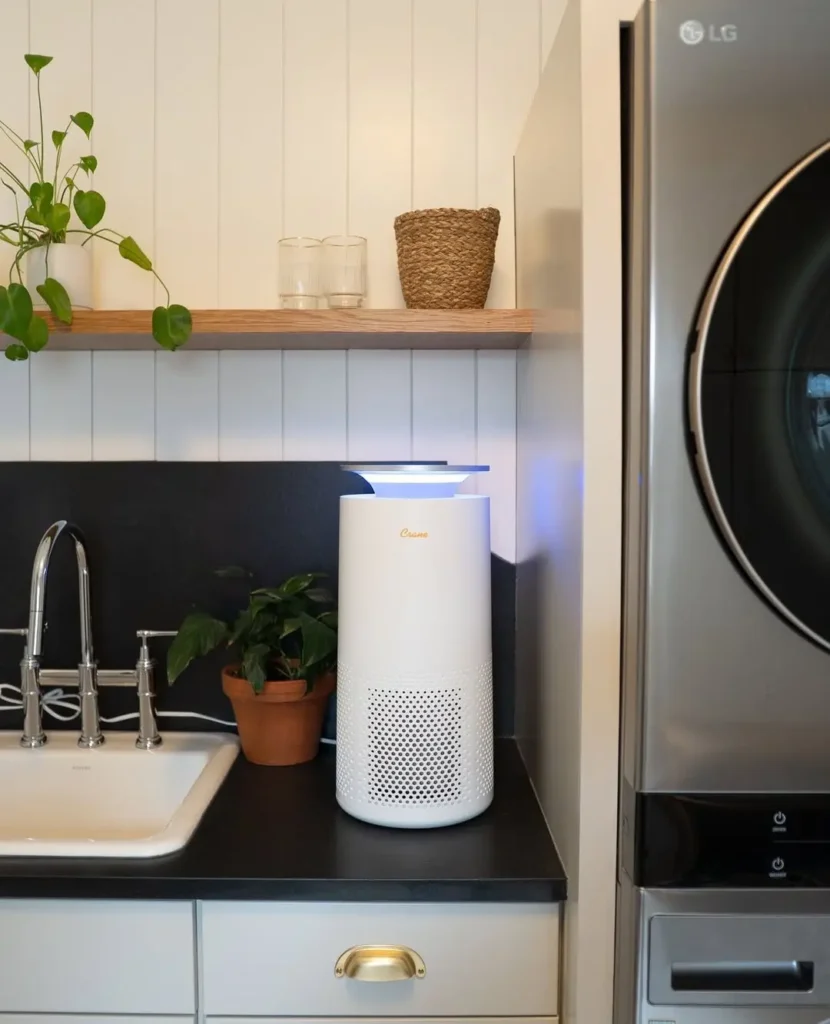 A white air purifier sits on a black countertop between a sink and a washing machine in a modern kitchen with plants and wooden shelves, helping fix a common laundry room mistake by adding an air extractor or purifier.