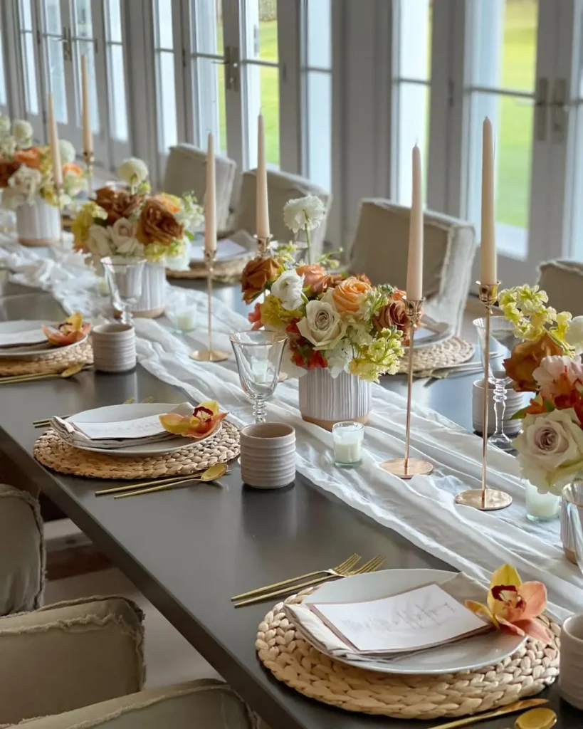 Elegant minimalist Thanksgiving table with layered textured elements like woven chargers, soft gauze table runner, neutral florals, and tapered candles; text overlay reads: “How to Add Texture to Your Minimalist Thanksgiving Table Decor.”