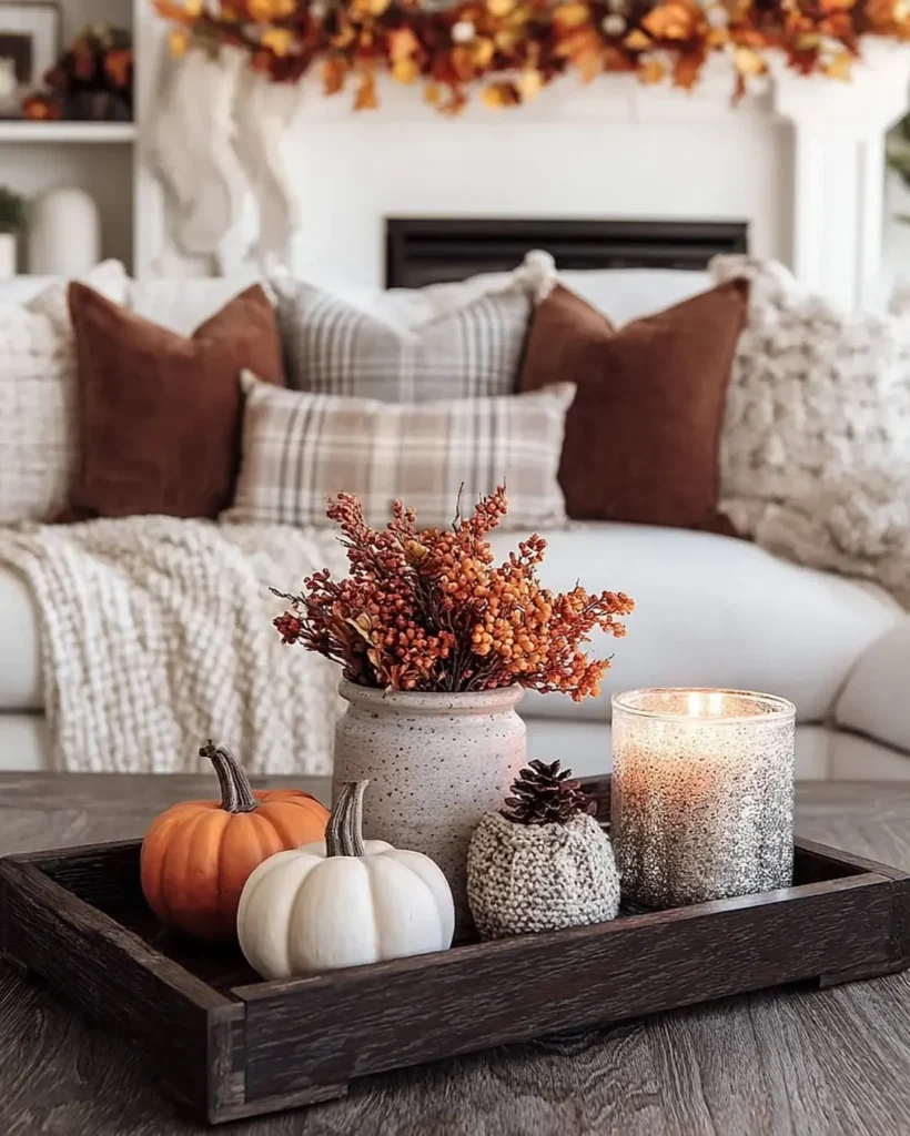 A wooden tray on a coffee table showcases modern color palette fall decor: two small pumpkins, a vase with orange berries, a pinecone, a knitted pumpkin, and a lit candle; a cozy sofa is in the background.