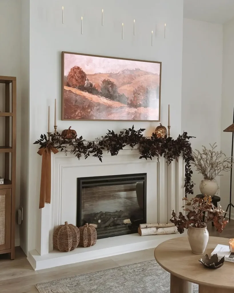 A fireplace decorated with modern fall mantel decor—autumn garland, pumpkins, and candles—sits below a landscape painting, while neutral-toned accents complete the cozy room.